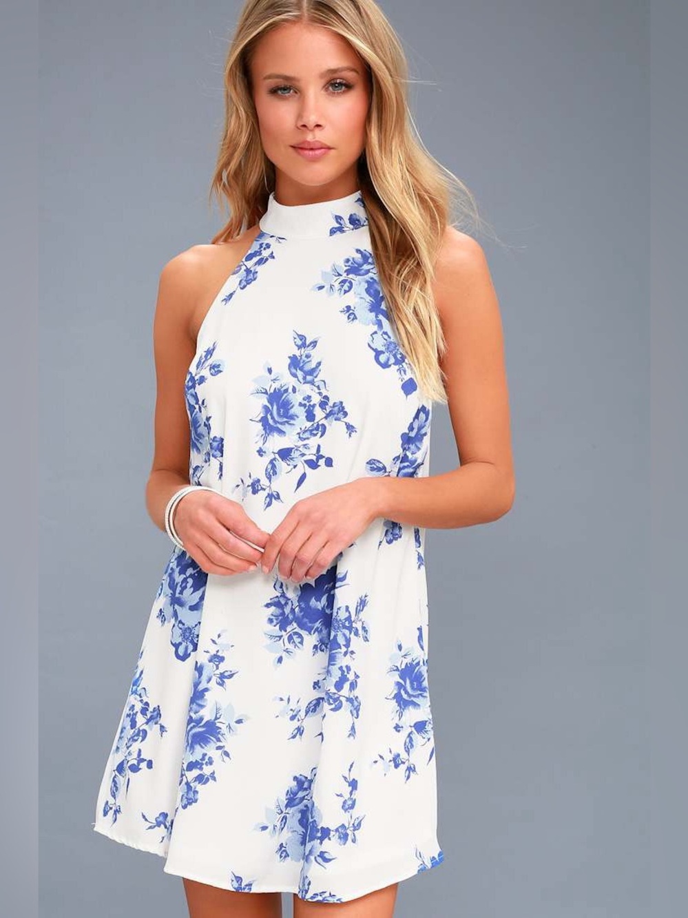 Darling Dearest Blue and White Floral Print Swing Dress